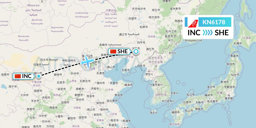 KN6178 China United Airlines Flight Map: Yinchuan to Shenyang