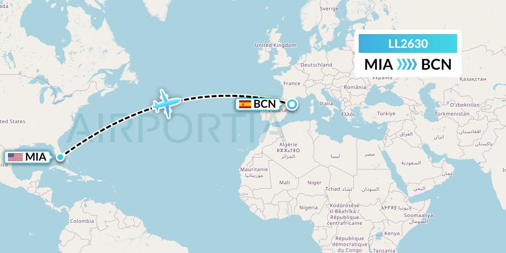 LL2630 Miami Air International Flight Map: Miami to Barcelona
