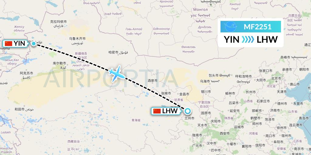 MF2251 Xiamen Airlines Flight Map: Yining to Lanzhou