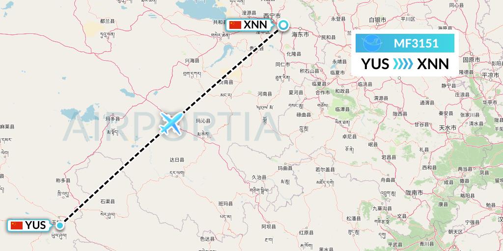 MF3151 Xiamen Airlines Flight Map: Yushu to Xining