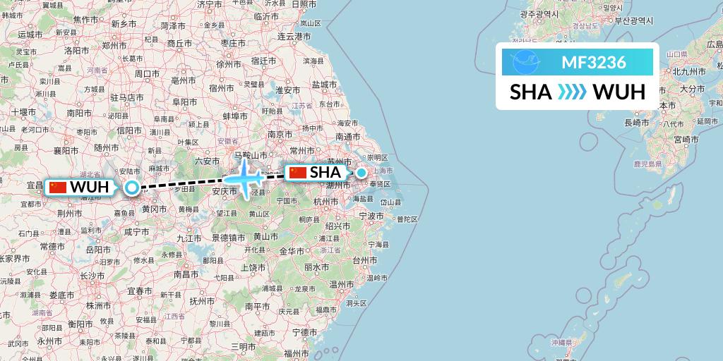 MF3236 Xiamen Airlines Flight Map: Shanghai to Wuhan
