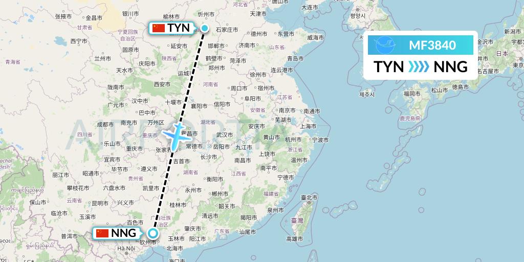 MF3840 Xiamen Airlines Flight Map: Taiyuan to Nanning