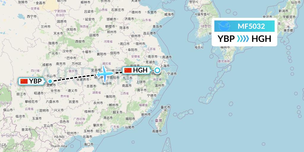 MF5032 Xiamen Airlines Flight Map: Yibin to Hangzhou