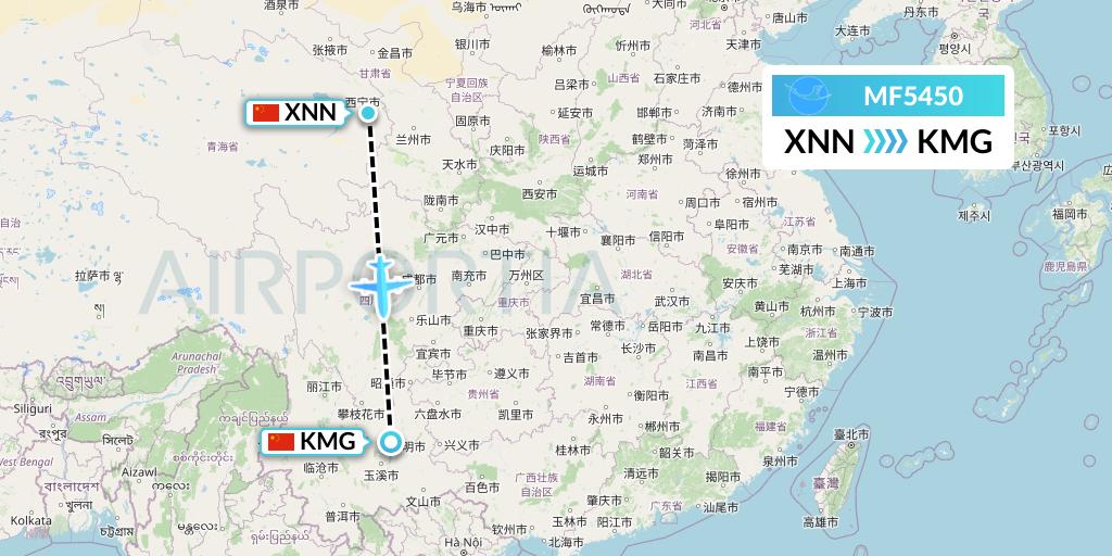 MF5450 Xiamen Airlines Flight Map: Xining to Kunming