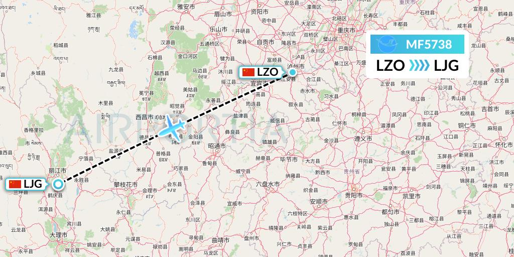MF5738 Xiamen Airlines Flight Map: Luzhou to Lijiang