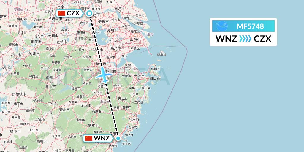 MF5748 Xiamen Airlines Flight Map: Wenzhou to Changzhou
