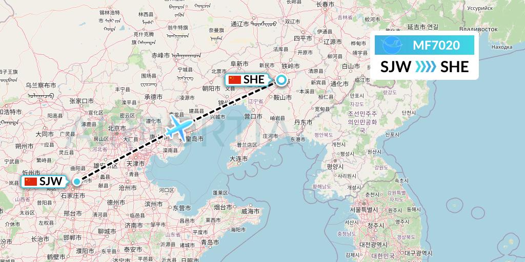MF7020 Xiamen Airlines Flight Map: Shijiazhuang to Shenyang