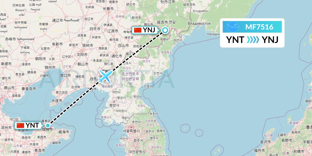 MF7516 Xiamen Airlines Flight Map: Yantai to Yanji