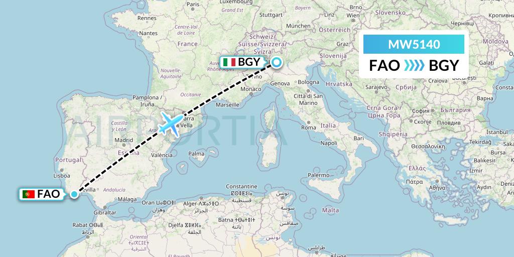 MW5140 Mokulele Flight Service Flight Map: Faro to Milan