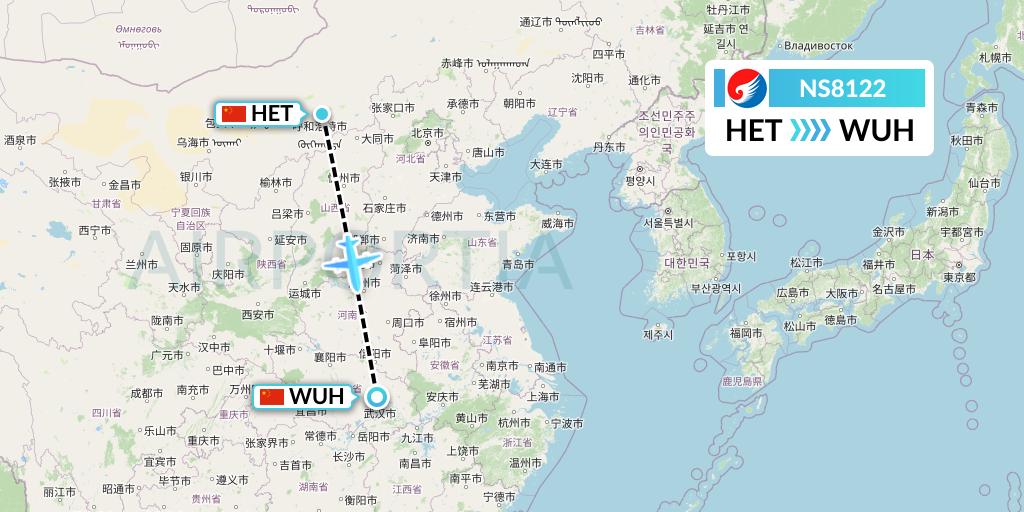 NS8122 Hebei Airlines Flight Map: Hohhot to Wuhan