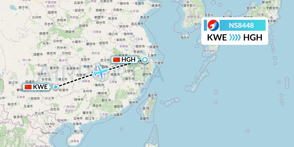 NS8448 Hebei Airlines Flight Map: Guiyang to Hangzhou
