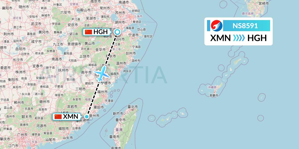 NS8591 Hebei Airlines Flight Map: Xiamen to Hangzhou