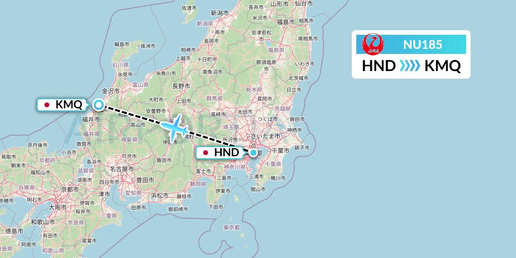 NU185 Japan Transocean Air Flight Map: Tokyo to Komatsu