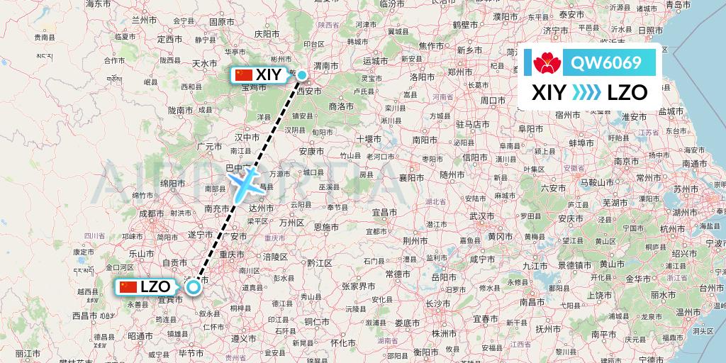 QW6069 Qingdao Airlines Flight Map: Xi'an to Luzhou