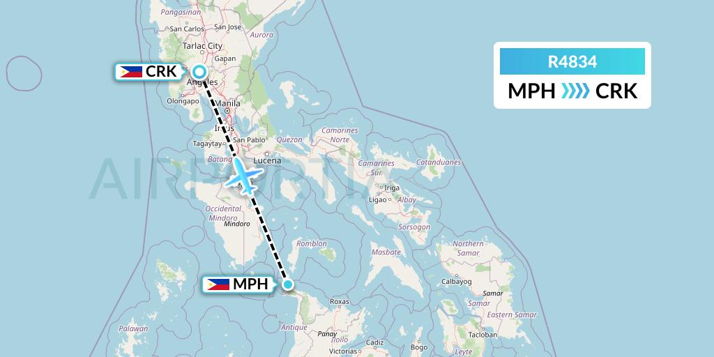 R4834 Rano Air Flight Map: Caticlan to Angeles City