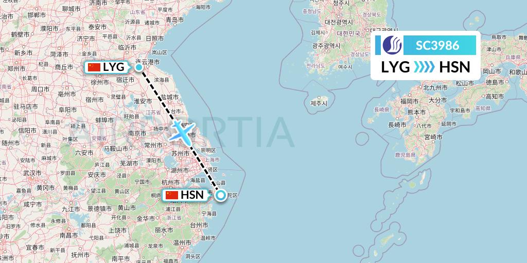 SC3986 Shandong Airlines Flight Map: Lianyungang to Zhoushan