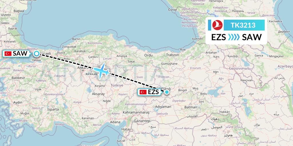 TK3213 Turkish Airlines Flight Map: Elazig to Istanbul