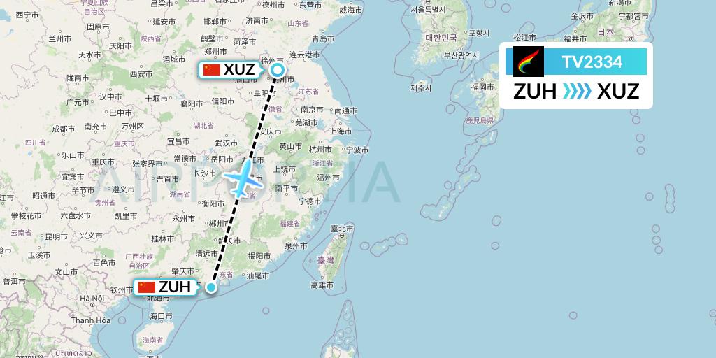 TV2334 Tibet Airlines Flight Map: Zhuhai to Xuzhou