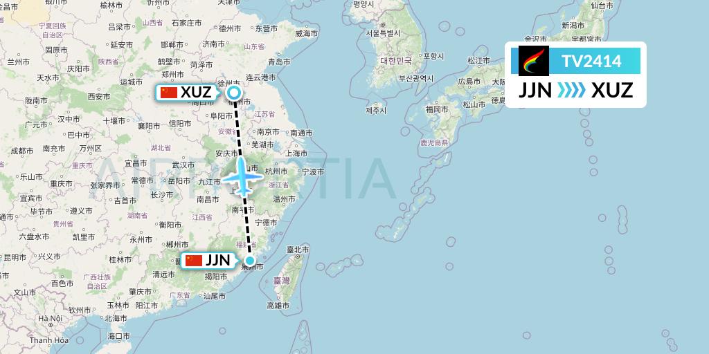 TV2414 Tibet Airlines Flight Map: Jinjiang to Xuzhou