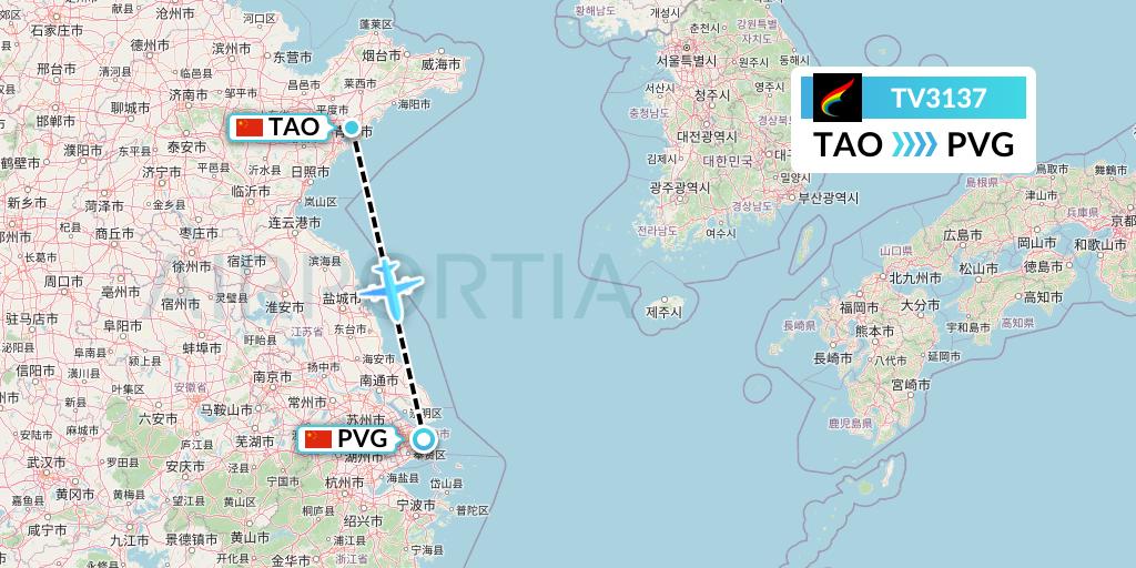 TV3137 Tibet Airlines Flight Map: Qingdao to Shanghai