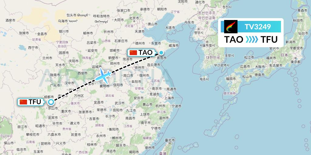 TV3249 Tibet Airlines Flight Map: Qingdao to Chengdu