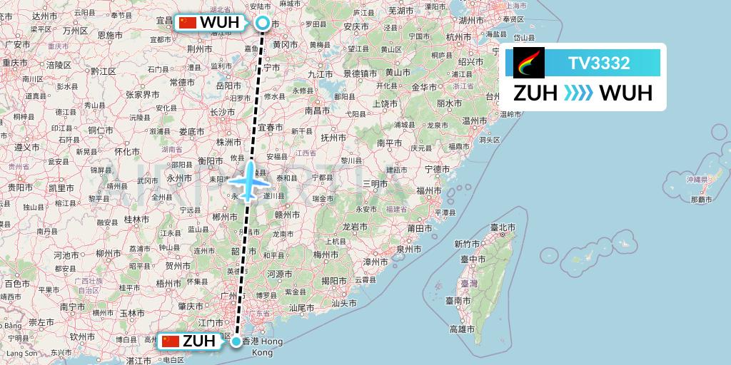 TV3332 Tibet Airlines Flight Map: Zhuhai to Wuhan