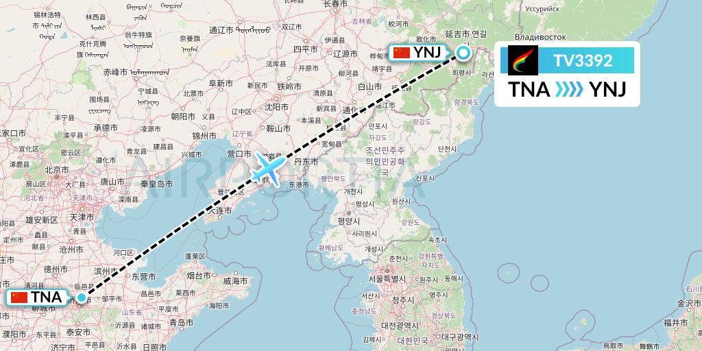 TV3392 Tibet Airlines Flight Map: Jinan to Yanji