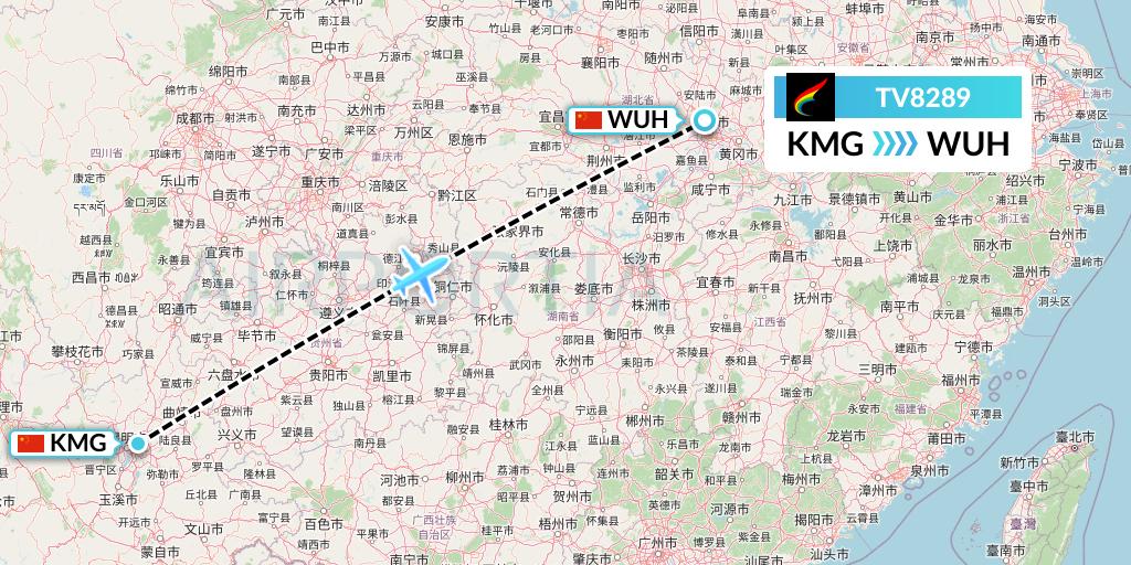 TV8289 Tibet Airlines Flight Map: Kunming to Wuhan