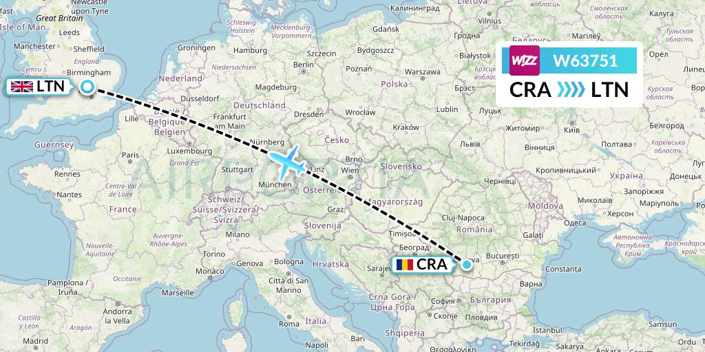 W63751 Wizz Air Flight Map: Craiova to London