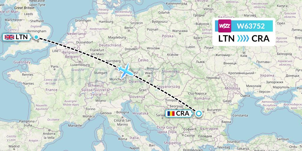 W63752 Wizz Air Flight Map: London to Craiova
