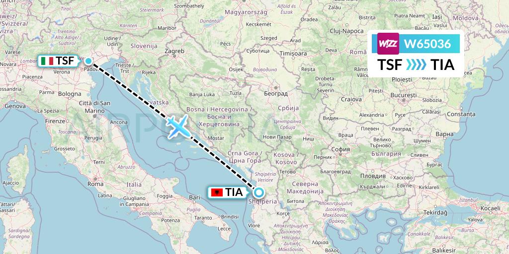 W65036 Wizz Air Flight Map: Treviso to Tirana