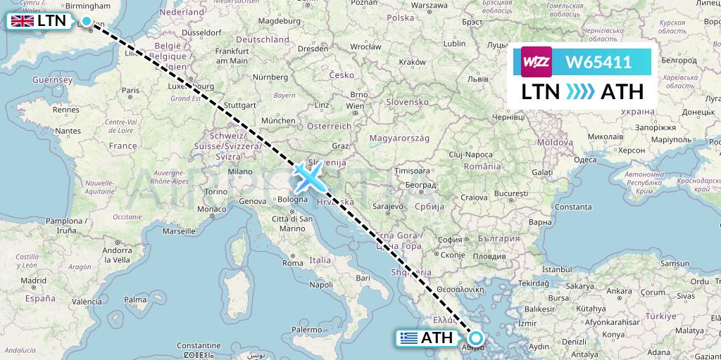 W65411 Wizz Air Flight Map: London to Athens