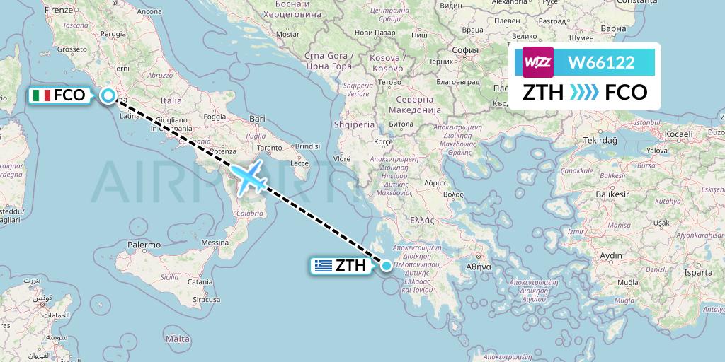 W66122 Wizz Air Flight Map: Zakynthos to Rome