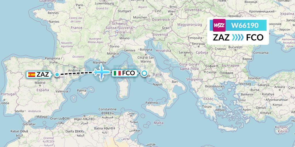 W66190 Wizz Air Flight Map: Zaragoza to Rome