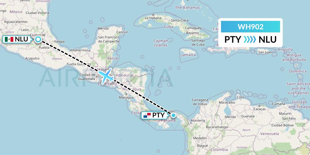 WH902 West African Airlines Flight Map: Panama City to Reyes Acozac
