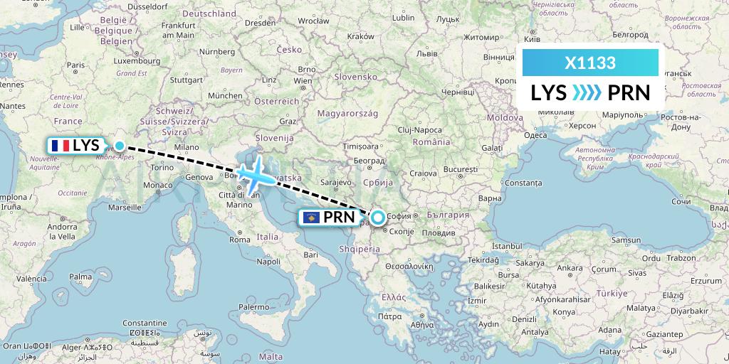 X1133 Nik Airways Flight Map: Lyon to Pristina
