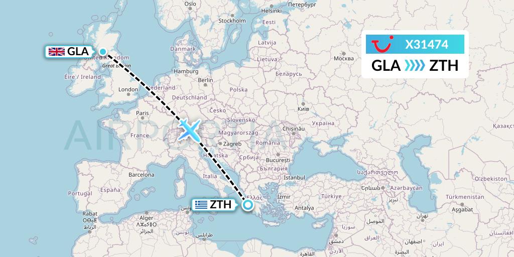 X31474 TUI fly Germany Flight Map: Glasgow to Zakynthos