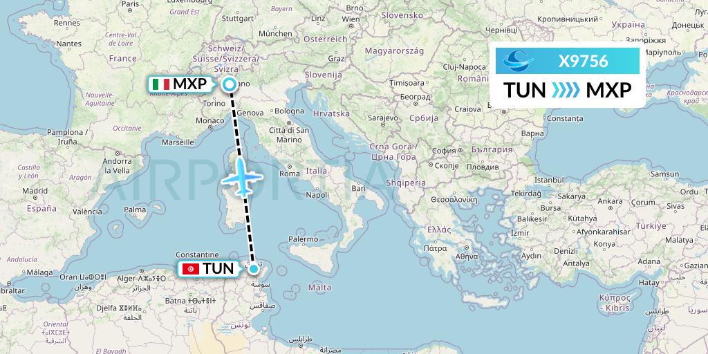 X9756 Avion Express Flight Map: Tunis to Milan