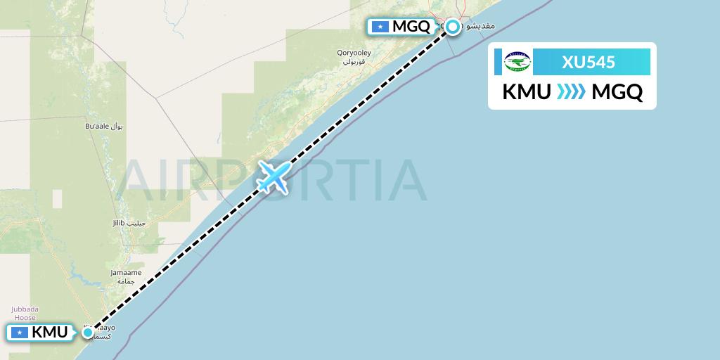 XU545 African Express Airways Flight Map: Somalia to Mogadishu