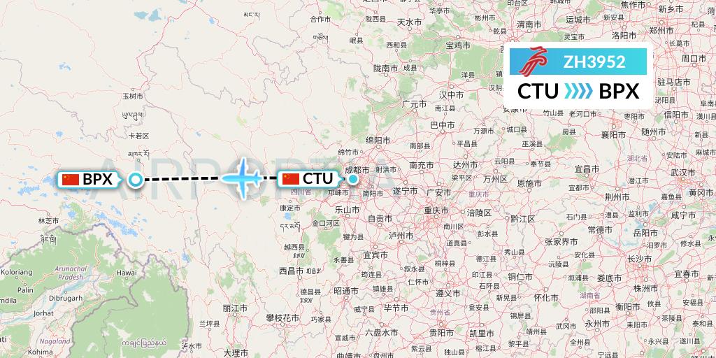 ZH3952 Shenzhen Airlines Flight Map: Chengdu to Bangda