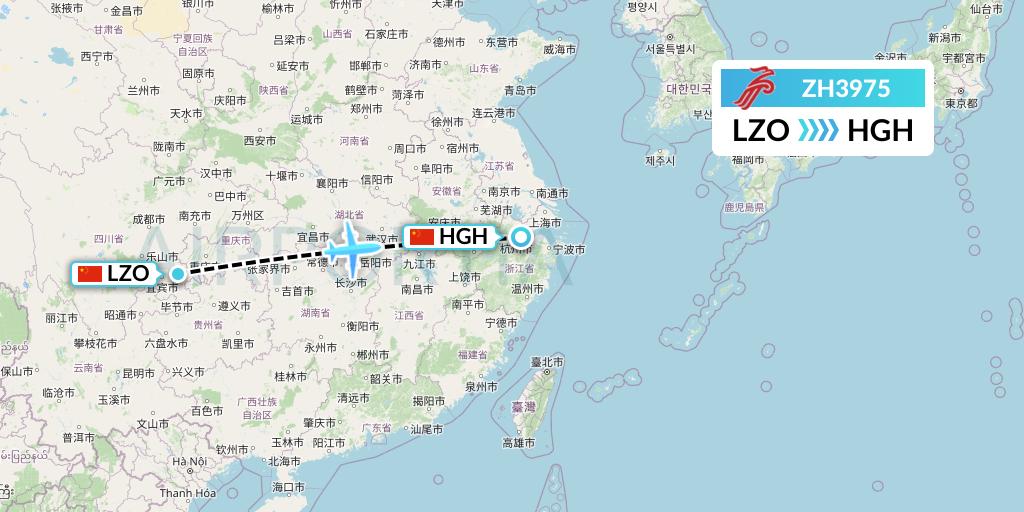 ZH3975 Shenzhen Airlines Flight Map: Luzhou to Hangzhou