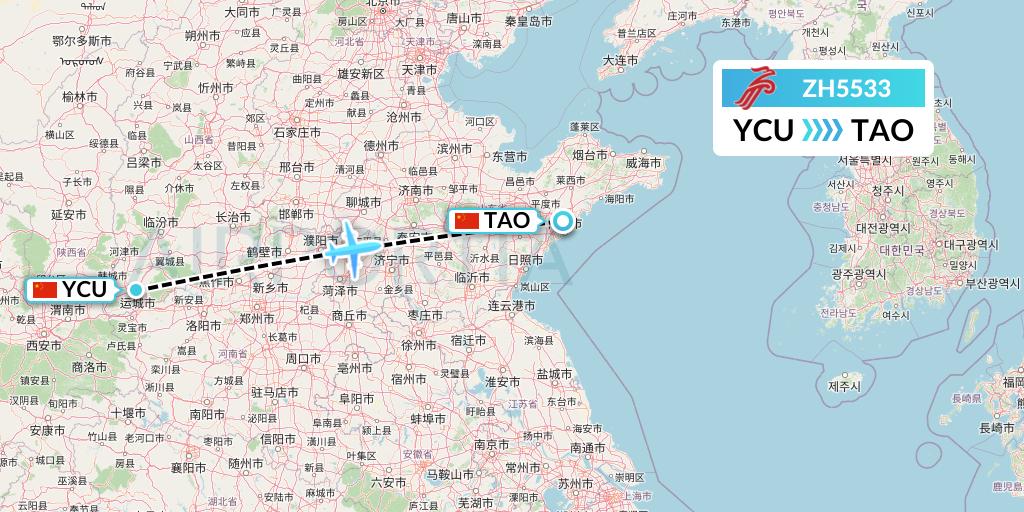 ZH5533 Shenzhen Airlines Flight Map: Yuncheng to Qingdao
