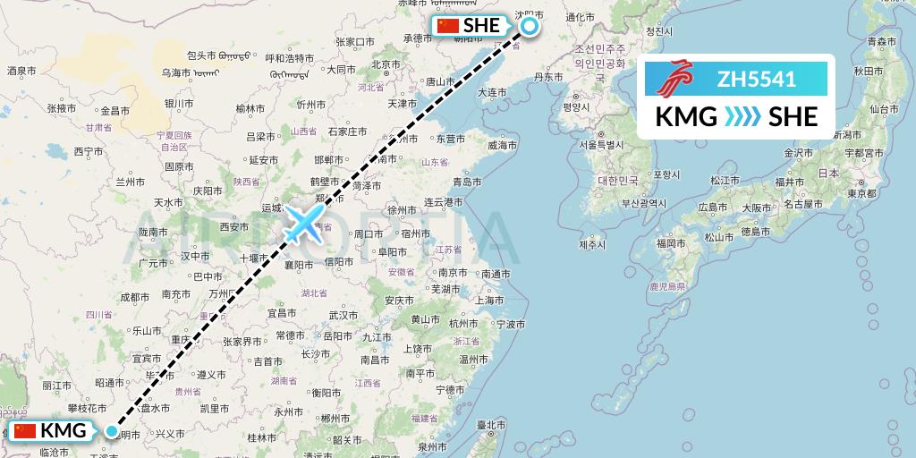 ZH5541 Shenzhen Airlines Flight Map: Kunming to Shenyang