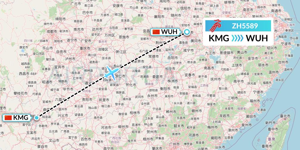 ZH5589 Shenzhen Airlines Flight Map: Kunming to Wuhan