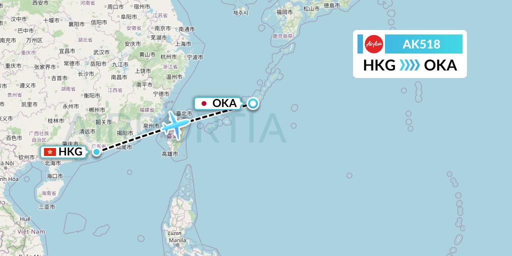 AK518 AirAsia Flight Map: Hong Kong to Naha