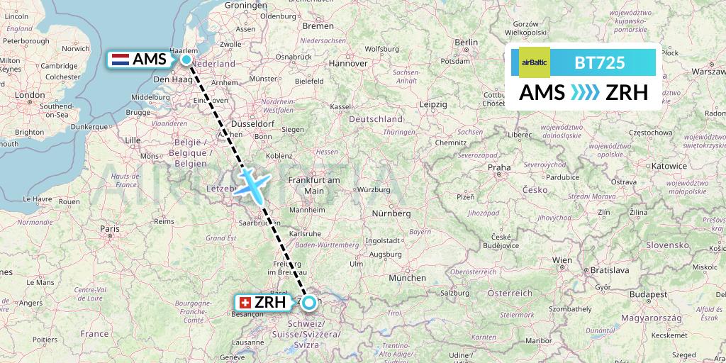 BT725 Air Baltic Flight Map: Amsterdam to Zurich