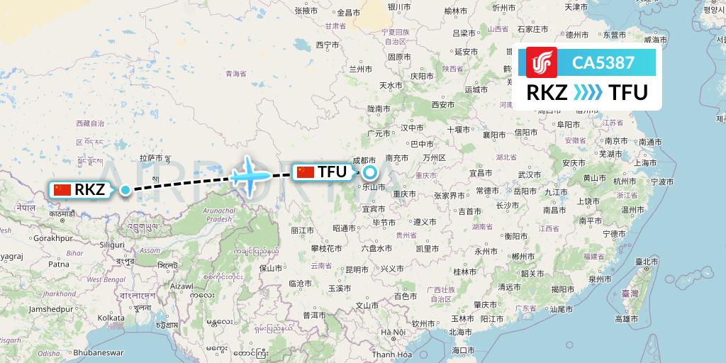 CA5387 Air China Flight Map: Shigatse to Chengdu