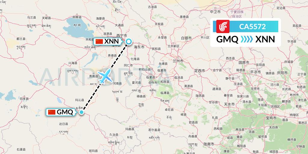 CA5572 Air China Flight Map: Golog to Xining