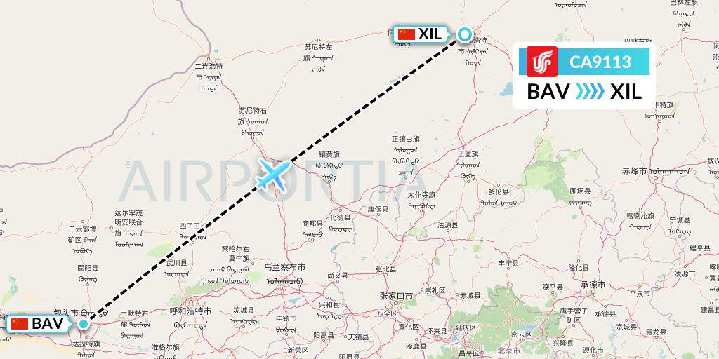 CA9113 Air China Flight Map: Baotou to Xilinhot