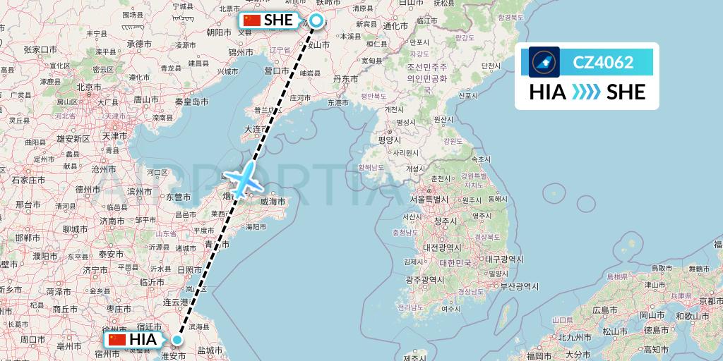 CZ4062 China Southern Airlines Flight Map: Huai'an to Shenyang